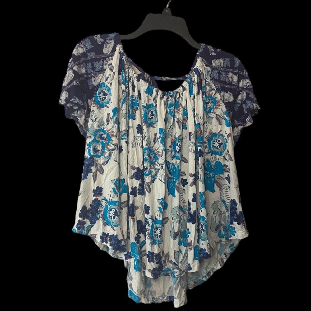 Free People Blue and Gray Flutter Sleeve Blouse
